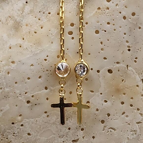 925 Sterling Silver Gold Cross Earrings | Stone Detail | Threader Chain Style - Picture 3 of 7